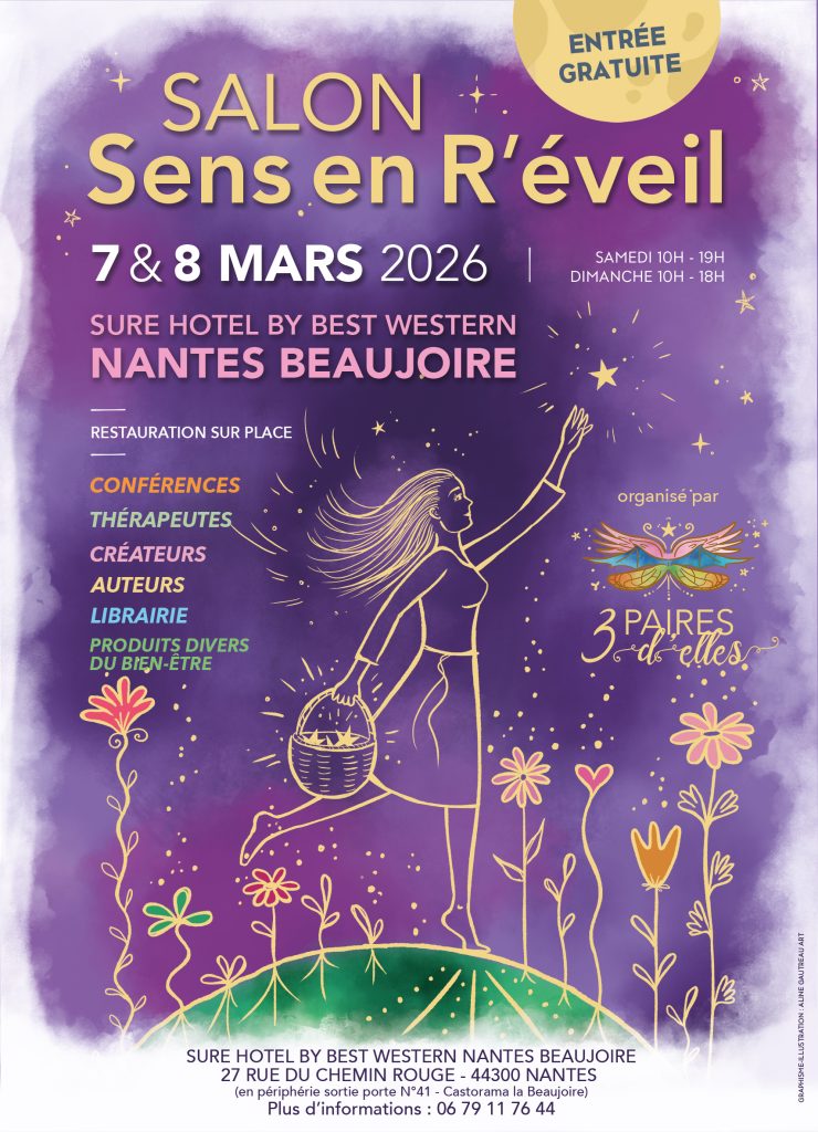 Affiche du salon sens en r éveil du 7 et 8 mars 2026 à Nantes, à l'hôtel Sure Best Western de la Beaujoire. Affiche sur des tons violet représentant une femme dans la nature qui veut cueillir une étoile. Salon ou sera présente M'Au-delà, cartomancienne, énergéticienne du Maine et Loire, Angers.