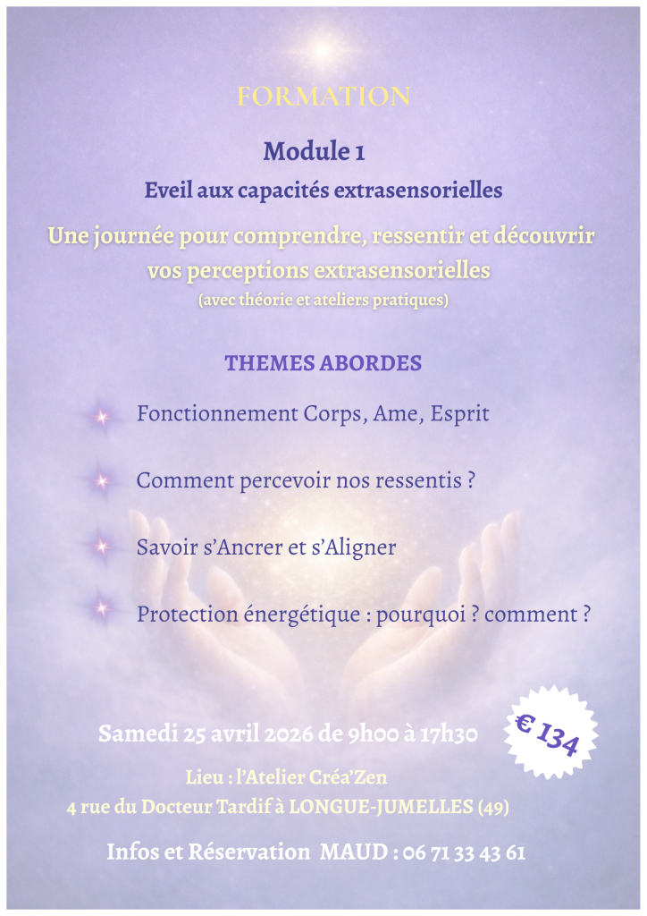 Affiche Formation capacités extrasensorielles animée par M'Au-delà, cartomancienne, tirage de cartes, énergéticienne