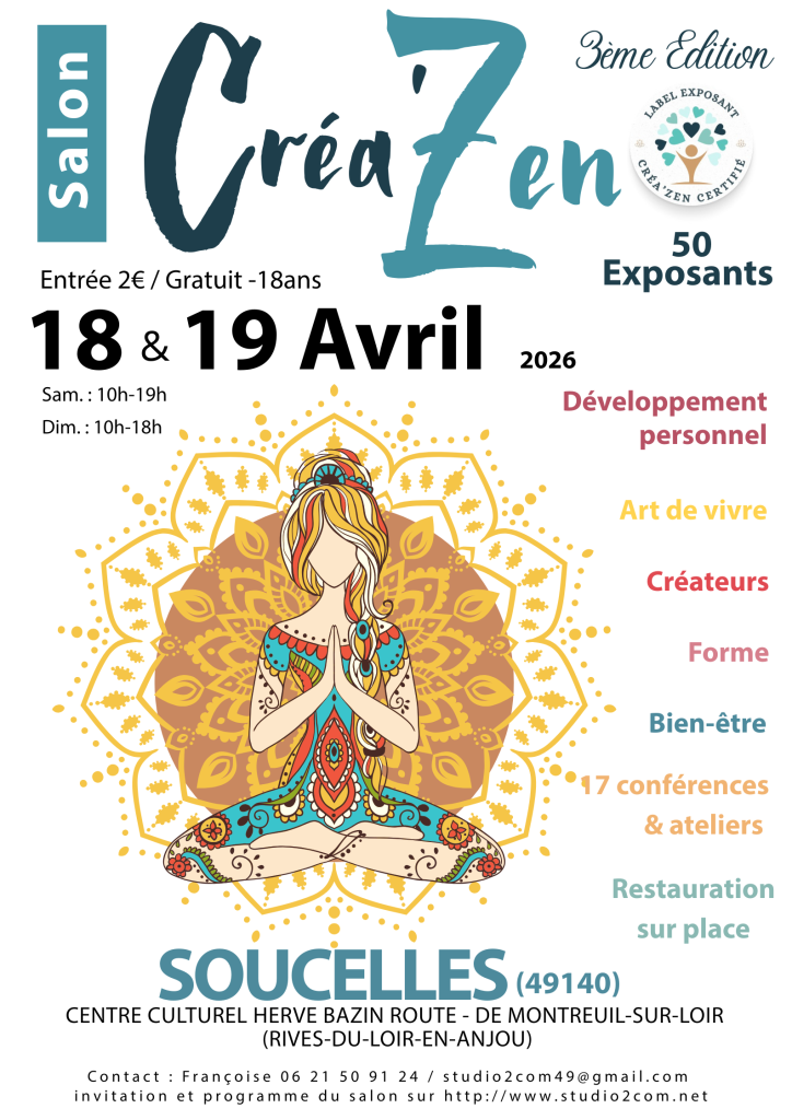 Affiche salon Créazen de Soucellesoù Maud, médium près d'Angers à Trélazé sera présente pour des séances de cartomancie, tirage de cartes, soin d'âme, soins énergétiques.
