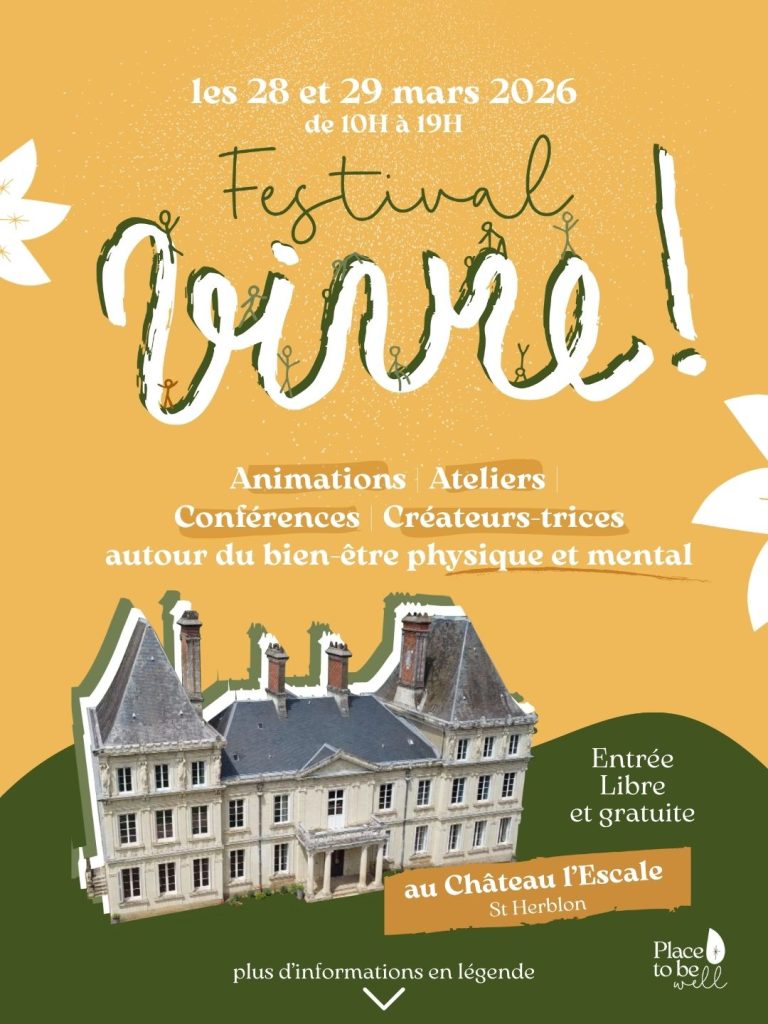 Affiche du Festival bien-être Vivre, où M'Au-delà sera présente pour fazire des tirages de cartes, des soins d'âme et une séance de médiumnité. Rendez-vous les 28 & 29 mars 2026 au chateau de l'Escale à Saint Herblon.