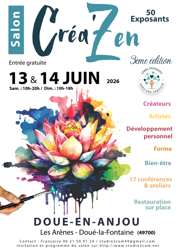 Affiche salon de Doué la fontaine dans le 49. Maudela sera présente en tant que médium, cartomancienne, tirage de cartes, soins énergétiques, nettoyage énergétique de lieu, Trélazé, près d'Angers.