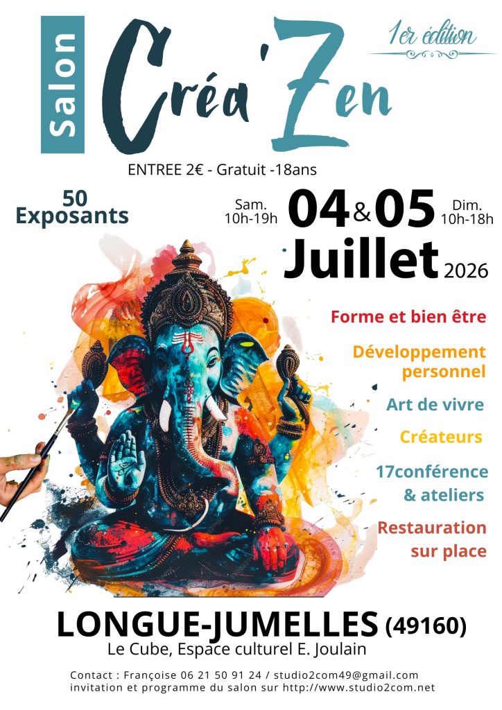 Affiche salon où Maudela sera présente pour faire des tirages de cartes, soins énergétiques, cartomancie, nettoyage énergétique de lieu, Trélazé, près d'Angers.